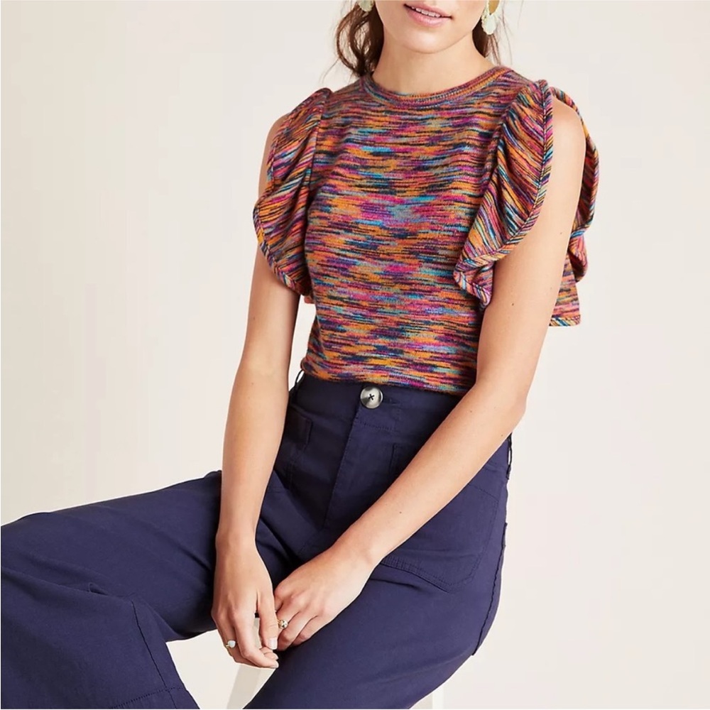 Anthropologie Multicolor Ruffled Sleeve Knit Top